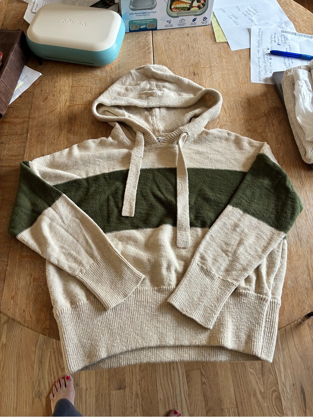 Madewell Cream Hoodie Sweater with Olive Chest Stripe